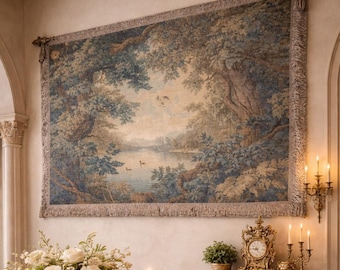 Verdure Aubusson Tapestry Wall Hanging, French Country Decor, Vintage Landscape Tapestry, Antique Style Wall Art, Cottagecore Home Accent