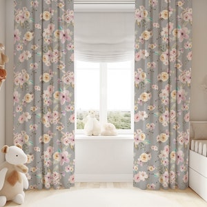 Gray and pink floral curtains for girl&#39;s room, Nursery curtains for girl, Pink and Gray blackout,  Watercolor Baby Room Curtain