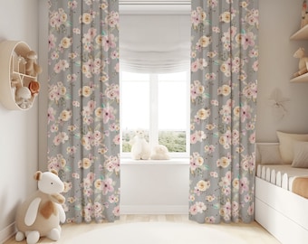 Gray and pink floral curtains for girl's room, Nursery curtains for girl, Pink and Gray blackout,  Watercolor Baby Room Curtain