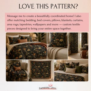 The image is a collage of various home decor items, including a floral print bedspread, matching pillows, area rugs, and curtains. The collage showcases how coordinating textiles can bring together different elements of a room to create a harmonious and visually appealing space.