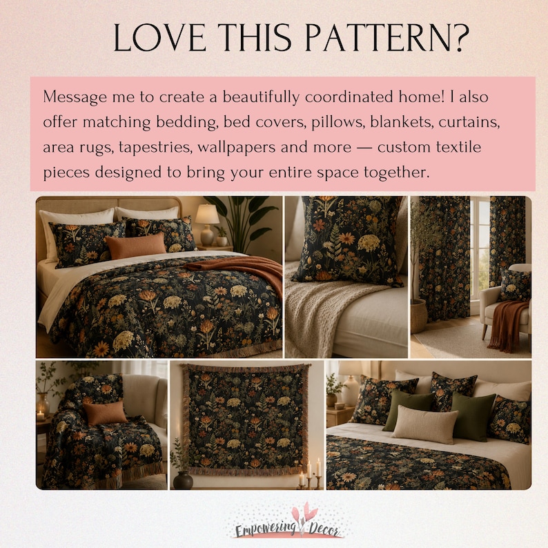 The image is a collage of various home decor items, including a floral print bedspread, matching pillows, area rugs, and curtains. The collage showcases how coordinating textiles can bring together different elements of a room to create a harmonious and visually appealing space.