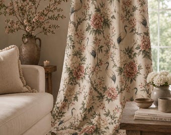 Vintage Crane Floral Curtains, Japanese Chinoiserie Window Panels, Peony Bird Curtains, Cottagecore Botanical Drapes, Neutral Decor
