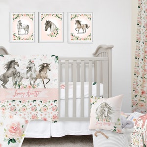 Horses Crib Bedding Set, Baby Girl Crib Bedding, Horses Personalized Baby Girl Bedding, Horse Nursery Bedding, Farmhouse Girl Bedding Set