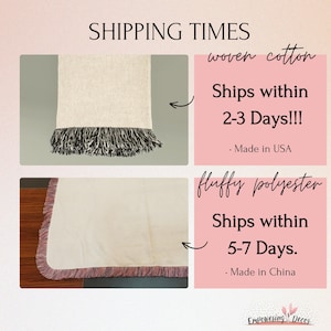 The image is a collage of two images, one showing a woven cotton blanket with fringe and the other showing a fluffy polyester blanket. The text provides shipping times for the two types of blankets, with the cotton blanket stating "Shipped within 2-3 Days!" and the polyester blanket stating "Shipped within 5-7 Days." The text also indicates that both blankets are made in the USA.