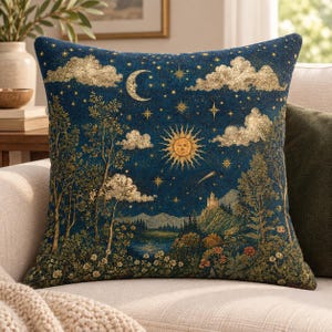 Könnte beinhalten: Ein quadratisches Zierkissen mit einem gewebten Wandteppichmotiv, das einen Nachthimmel mit goldener Sonne, Mondsichel und Sternen über einer Landschaft aus Bäumen, Bergen, einem See und einer Burg in Dunkelblau, Gold und Grün zeigt.