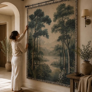Large Forest Landscape Woven Tapestry Wall Hanging, Vintage Nature Wall Decor, Rod Pocket Tapestry, Cottagecore Home Decor