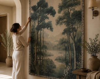 Large Forest Landscape Woven Tapestry Wall Hanging, Vintage Nature Wall Decor, Rod Pocket Tapestry, Cottagecore Home Decor