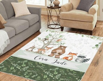 Woodland Nursery Rug: Plush Forest Animals, Personalized Baby Room Decor