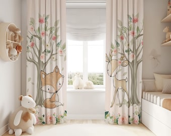 Woodland Nursery Curtains for girl nursery, deer fox blush pink curtains for nursery, nursery curtains girl blackout, curtains with trees