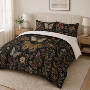 Vintage Butterfly Floral Duvet Cover Set, Cotton Bedding Set, Dark Cottagecore Comforter Cover, Botanical Bedroom Decor, Queen King