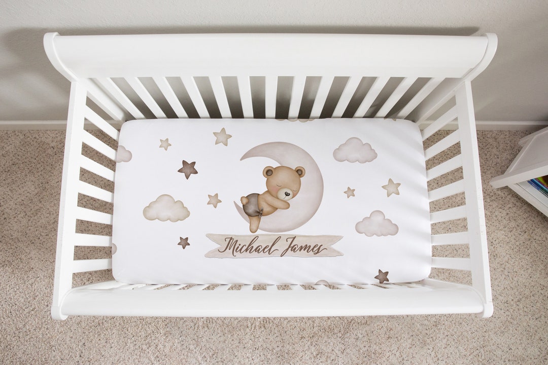 Personalized Teddy Bear Sheet for Baby Boy Nursery, Neutral Beige Baby Bedding, Bear Baby Boy