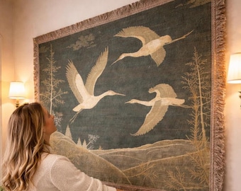 Crane Wall Tapestry, Vintage Bird Tapestry Wall Hanging, Japanese Style Crane Wall Decor, Large Woven Tapestry, Nature Landscape Textile Art