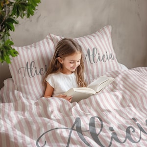 Pink Striped Bedding Set: Personalized Duvet Cover, Farmhouse Style