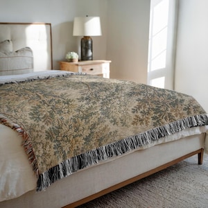 Vintage Forest Tapestry Blanket, Cottagecore Wall Hanging, Neutral Botanical Throw, Rustic Woodland Decor, Woven Nature Blanke image 4
