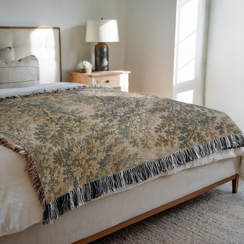 Vintage Forest Tapestry Blanket, Cottagecore Wall Hanging, Neutral Botanical Throw, Rustic Woodland Decor, Woven Nature Blanke image 4