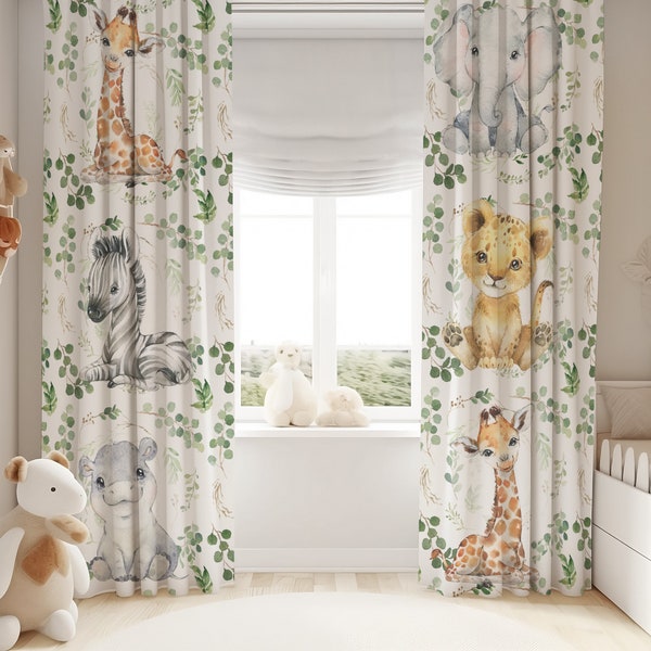 Nursery curtains with cute safari animals, Safari Nursery Curtains, Neutral Nursery Room Curtains, Africa Animals Windows Curtains baby room
