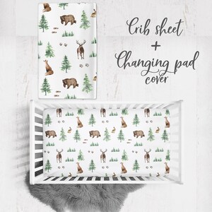 Woodland Crib Bedding Set: Forest Animals Crib Sheet & Changing Pad Cover