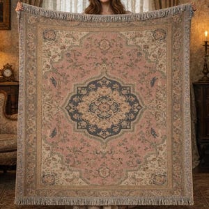 Vintage Floral Tapestry Wall Hanging, Large Boho Pink Rug Tapestry, Antique Medallion Textile Decor, Cottagecore Wall Art, Vintage Blanket image 2
