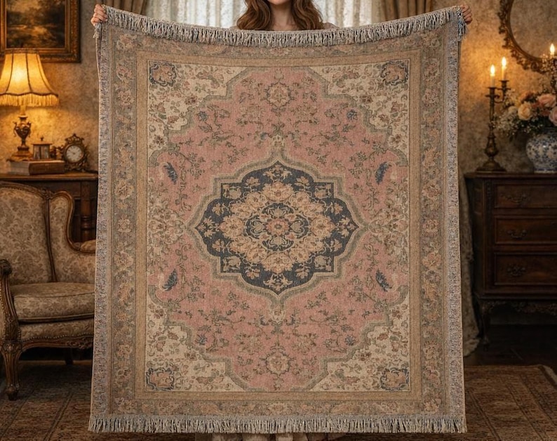 Vintage Floral Tapestry Wall Hanging, Large Boho Pink Rug Tapestry, Antique Medallion Textile Decor, Cottagecore Wall Art, Vintage Blanket image 2