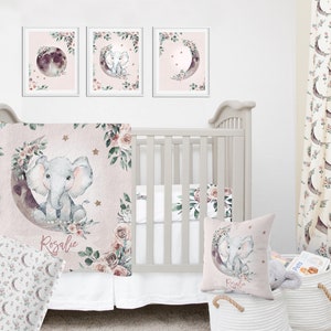 Crib bedding set Girl, Moon and elephant Crib Bedding Set, Roses Bedding Set, Moon Baby Girl Nursery, Moon and Elephant Nursery Bedding
