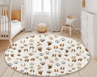 Woodland Animal Tracks Round Area Rug: Baby Nursery Decor