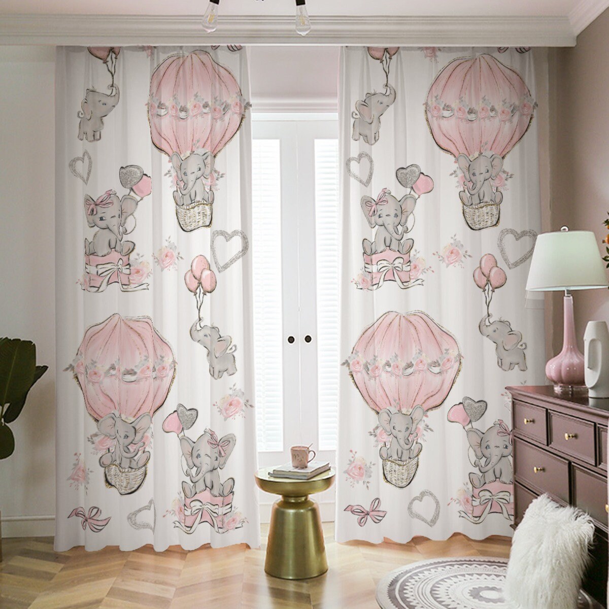 Lovely Elephant Curtains Flower Plants Cartoon Baby Elephant With Mother Elephant Rod Pocket Windows Drapes For Nursery Room Kids Room