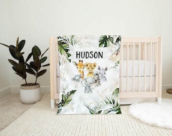 Coperta per neonato con animali da safari, coperta per neonato con monogramma, safari tropicale, regalo per baby shower, coperta con nome per neonato, biancheria da letto per neonato in stile safari