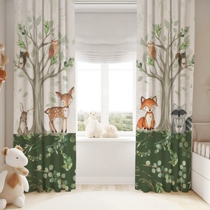 Woodland Nursery Curtains, baby room curtains, bear, fox, deer, buck nursery curtains,woodland theme baby Nursery, Woodland Window Panel