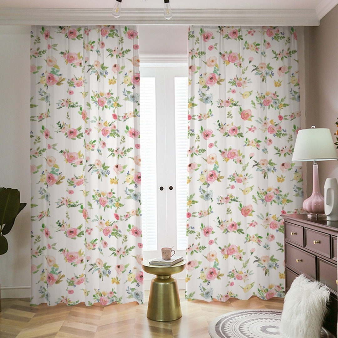 Floral Nursery Curtains, Baby Room Curtains, Pink Watercolor Floral