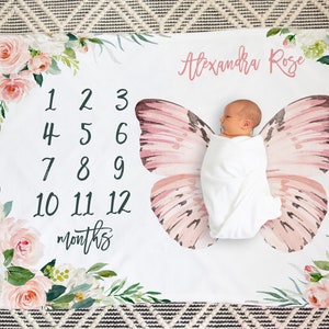Butterfly Milestone Blanket Girl, Butterfly Floral Baby Month Blanket, Personalized Baby Girl Shower Gift, Baby Girl Nursery, New Mom Gift