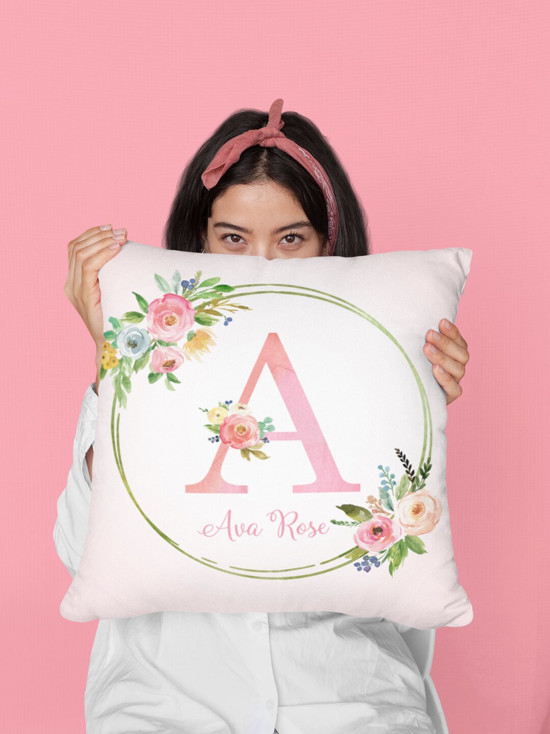 Monogram Pillow Pillow With Letter watercolor Floral Baby Pillow Pink
