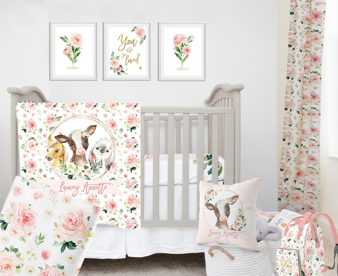 Nursery Farm Animals, Baby Girl Crib Bedding Set, Farmhouse Nursery