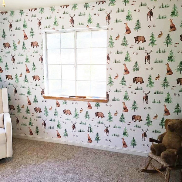 Woodland nursery wallpaper, Forest Animals wallpaper , Bear buck nursery wallpaper, Woodland themed nursery, Woodland Animals nursery decor