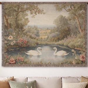 Swan Lake Woven Tapestry Romantic Verdure Wall Hanging French Country Vintage Garden Scene European Landscape Cotton Throw Blanket