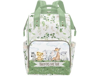 Mochila pañalera personalizada con animales de safari: regalo para futuras mamás