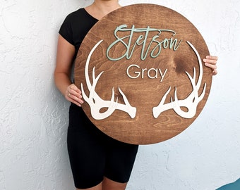 Elk nursery decor, Antlers Custom Name Sign on Wooden 24&quot; circle, Woodland Personalized Name Sign,  Wood Name Sign, Wooden Name boy