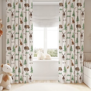 Woodland Nursery Curtains, baby room curtains, bear, fox, deer, buck nursery curtains,woodland theme baby Nursery, Woodland Window Panel