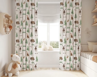 Woodland Nursery Curtains, baby room curtains, bear, fox, deer, buck nursery curtains,woodland theme baby Nursery, Woodland Window Panel