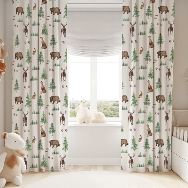 Woodland Nursery Curtains, baby room curtains, bear, fox, deer, buck nursery curtains,woodland theme baby Nursery, Woodland Window Panel