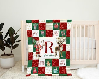 Personalisierte Weihnachtsbabydecke: Weihnachtsmann, Rentier, Feiertagsbettwäsche