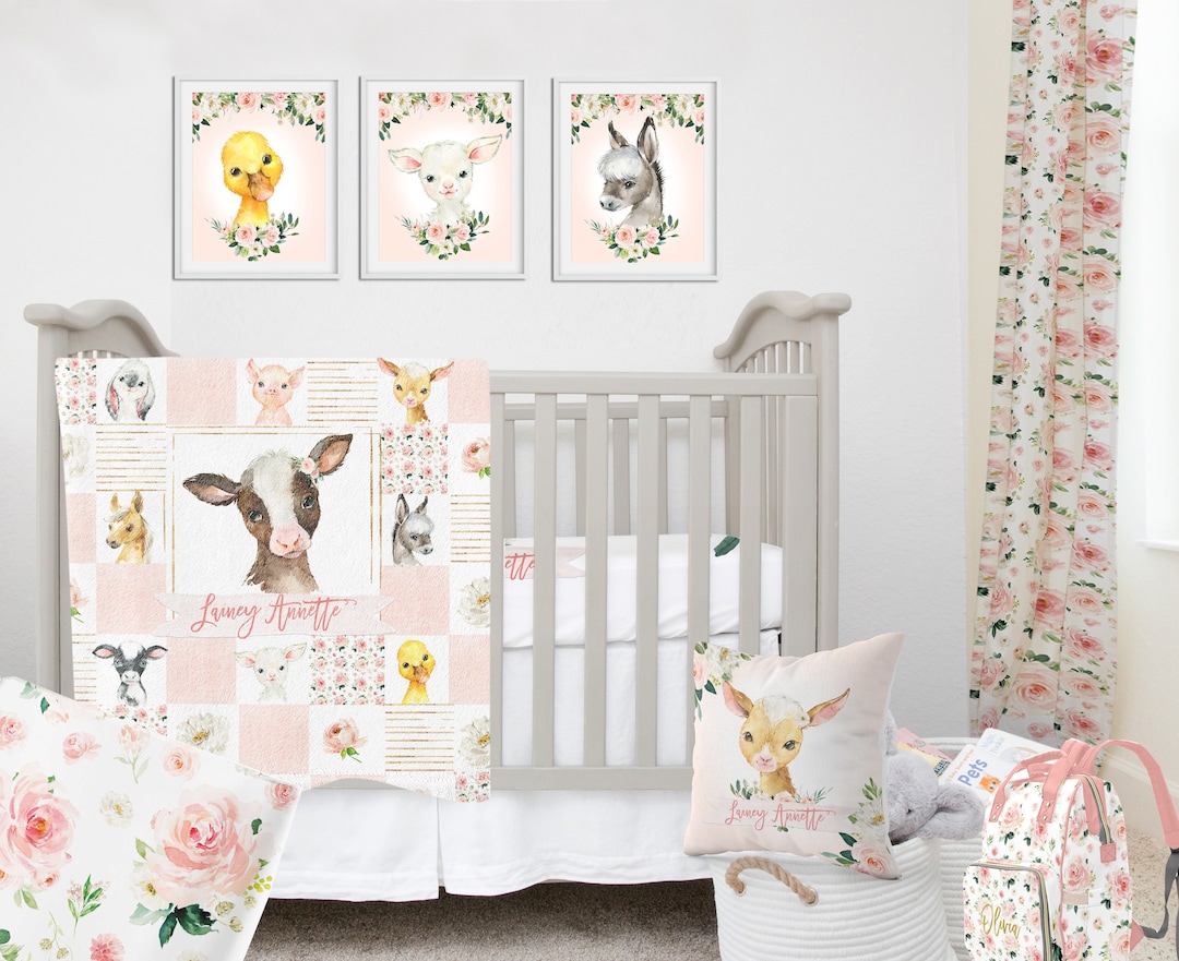 Farm Animals Crib Bedding Set, Cow Baby Girl Crib Bedding, Farmhouse