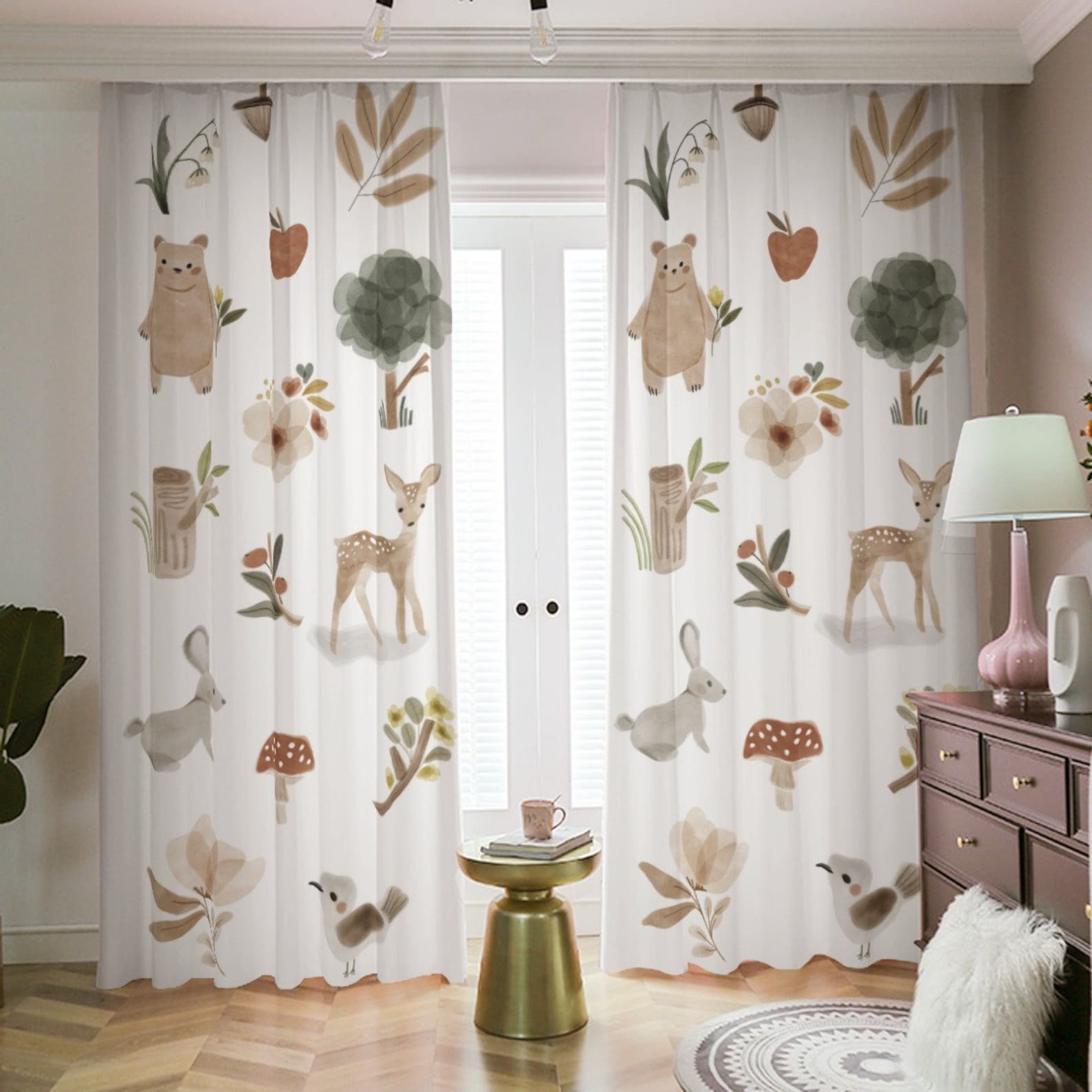 Modern Woodland Nursery Curtains, Baby Room Curtains, Bear, Fox, Deer