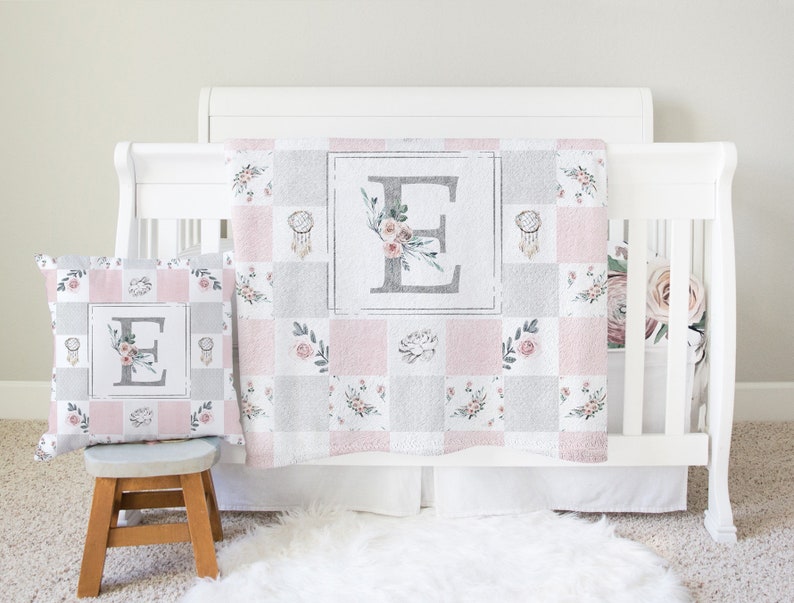 Boho Crib Bedding Set Girl Floral Pink and Grey Baby Bedding Etsy
