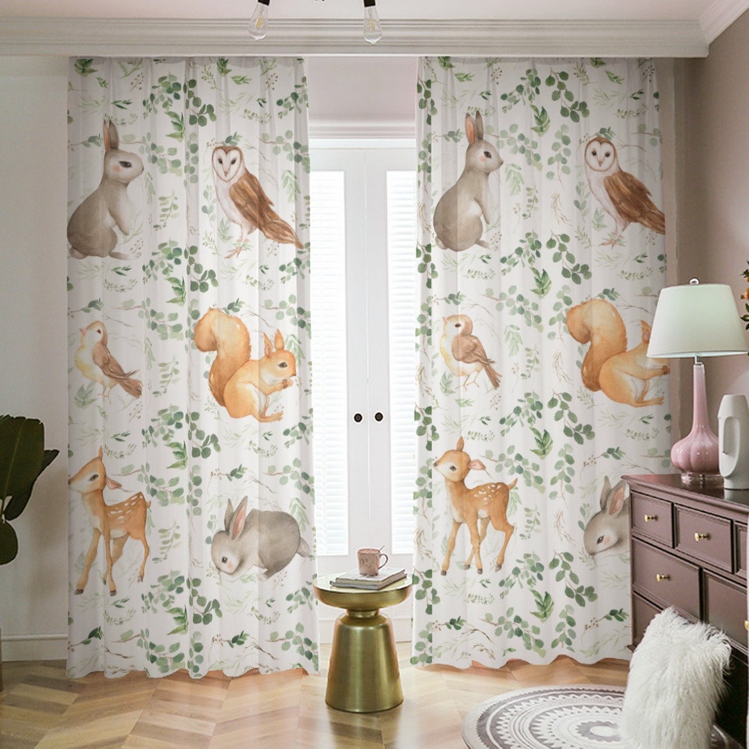 Woodland Nursery Curtains, Baby Room Curtains, Deer, Bunny Nursery