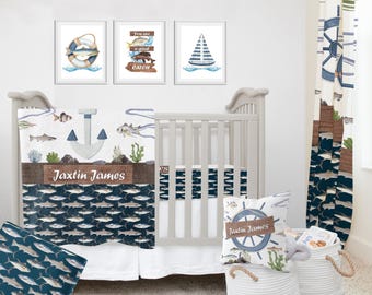Personalized Fishing Nursery Crib Bedding Set: Nautical Baby Boy Decor