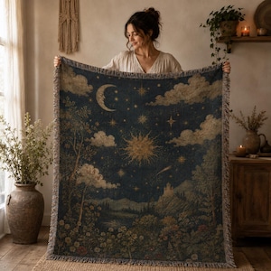 Celestial Moon Sun Tapestry Blanket, Boho Wall Hanging, Vintage Night Sky Woven Throw, Cottagecore Bedroom Decor, Mystical Celestial Art