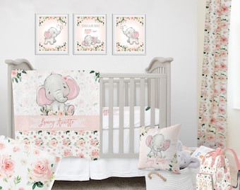 Elephant Crib Bedding Set, Baby Girl Crib Bedding, Elephant Personalized Baby Girl Bedding, Elephant Nursery Bedding, Elephant Bedding Set