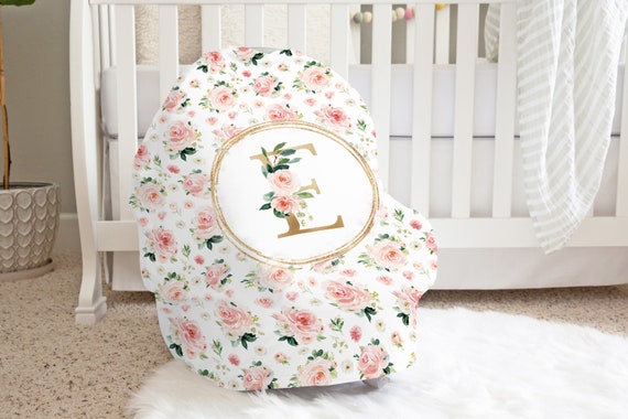 Personalized Floral Car Seat Cover: Blush Pink Jersey, Nursing