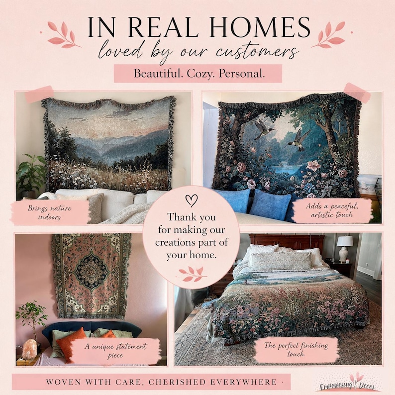 a collage of pictures of a bed with a tapestry on it