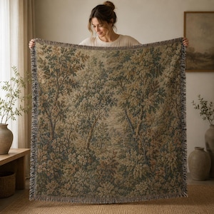 Vintage Forest Tapestry Blanket, Cottagecore Wall Hanging, Neutral Botanical Throw, Rustic Woodland Decor, Woven Nature Blanke image 2